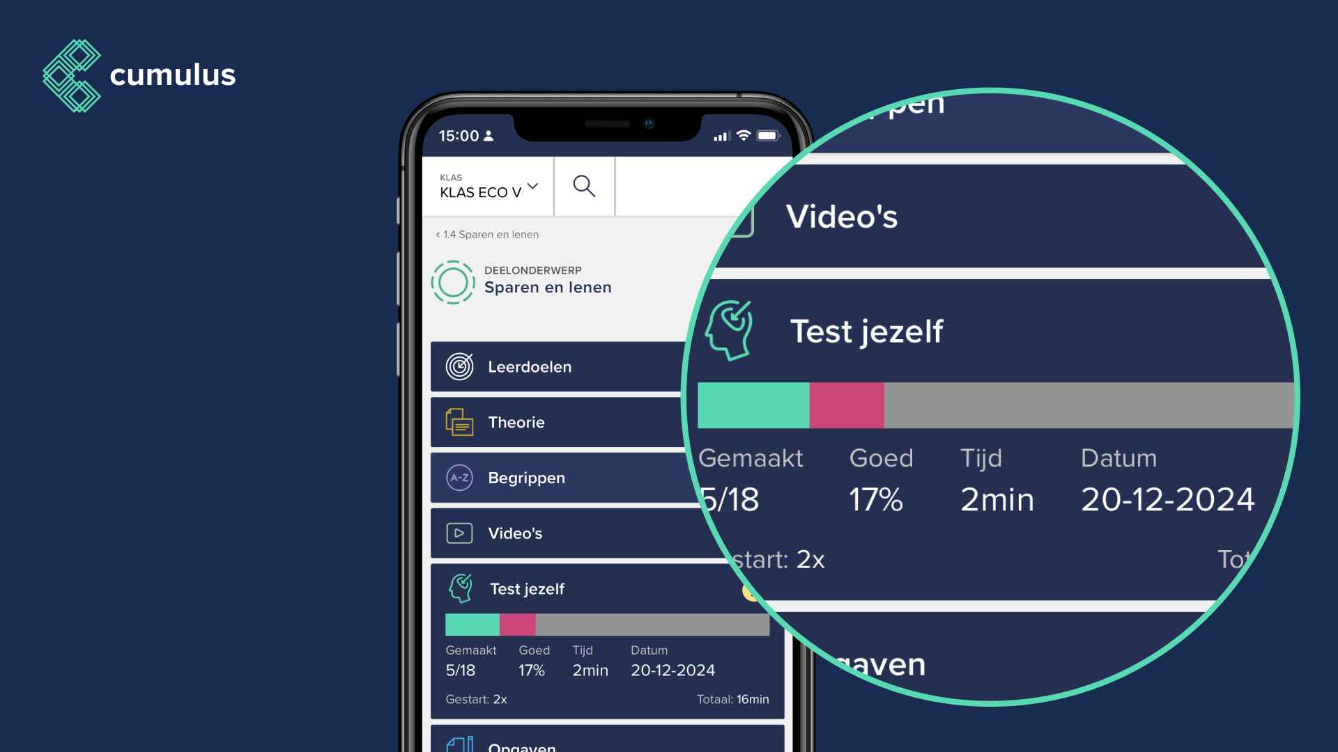 Leerlingen zien op de deelonderwerp pagina onder 'Test jezelf' op welke datum ze voor het laatst actief waren binnen deze Test jezelf.