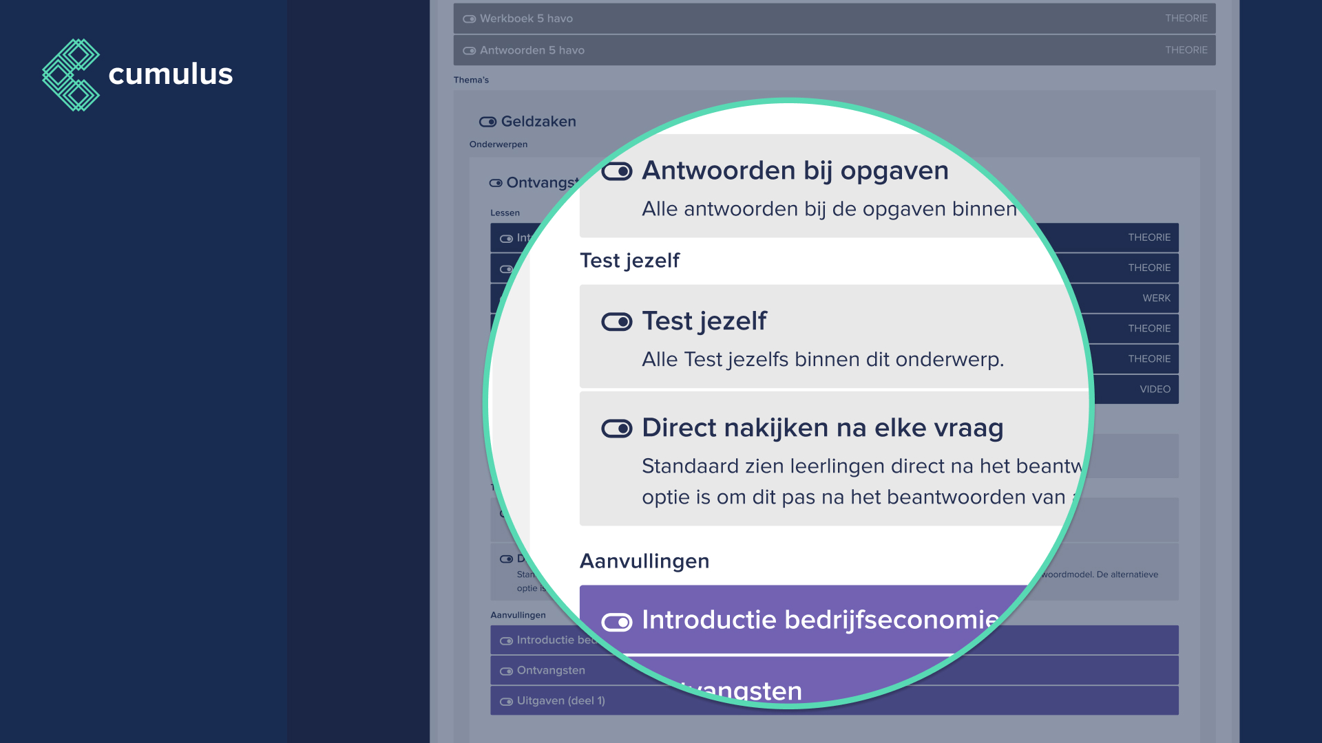 Het scherm waar de docent instelt dat 'Antwoord direct zichtbaar na het maken van een vraag' aan of uit staat.
